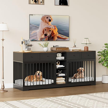 IDEALHOUSE 82” Large Dog Crate for 2 Dogs, Dog Kennel Indoor with 4 Drawers and Shelves, Double Dog Crate Furniture TV Stand, Wooden Dog Cage for Medium Large Dogs, Black