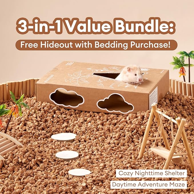 BUCATSTATE Cork Bedding 5L, Natural Hamster Bedding Odor Control for Dwarf Syrian Hamsters, Gerbils, Mice, Low-dust Hamster Substrate with Paper Hideout Box (Grain 4-5mm)