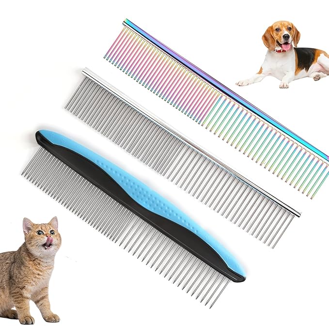 3 PCS Dog Combs for Grooming Matting, Pet Grooming Tools, 2 in 1 Dog Combs with Rounded Ends Stainless Steel Teeth, Cat Comb for Removing Tangles and Knots, Pet Comb, metal comb for dogs, 7.4IN/1.3IN