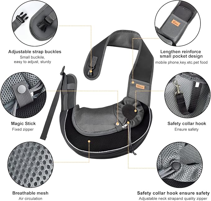 Cuby Pet Sling Carrier for Medium Dogs Cats,Drawstring Zipper & Special Security Hook Triple Designs for Pets' Securty,Breathable Mesh Travel Cat Carrier Bag with Adjustable Shoulder Strap (Black M)