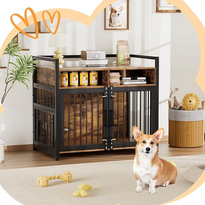 Dog Crate Furniture, Large Dog Cage with 2 Open Storage Shelves, 41 Inch Dog Kennel with Adjustable Raised Feeders, Indoor Heavy Duty Metal End Table Dog Crate for Large/Medium Dogs