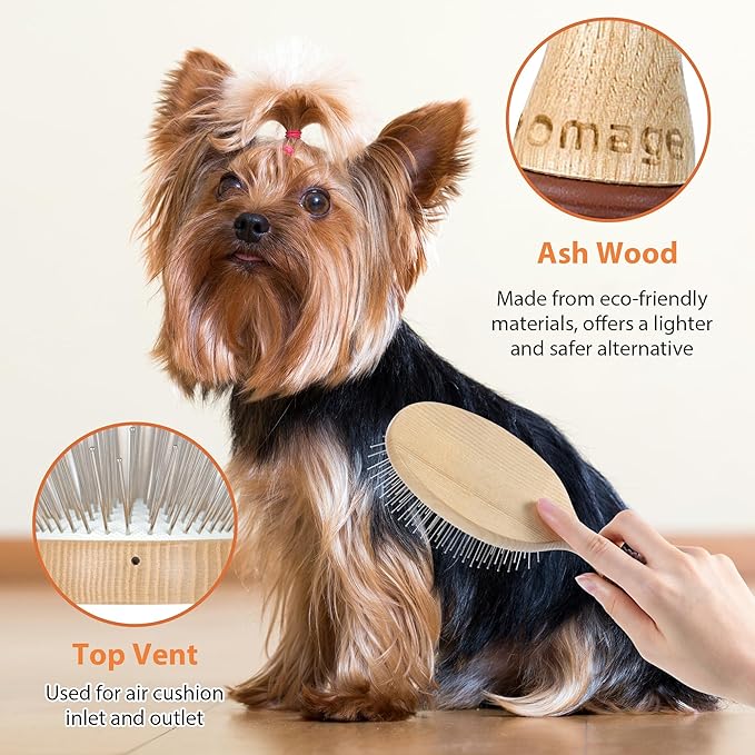 Dog Brush, Pin Brush for Dogs, 27mm Extra Long Pin Brush, Dog Grooming Brush for Shedding, Dog Brush for Long Haired Dogs - Ash Wood Material, Non-Slip Rubber Handle, Round-Tipped Pins