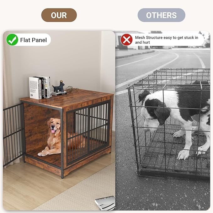 Rovibek 86 Inch Double Dog Crate Furniture, Wooden Dog Crate Furniture with Removable Divider & Trays, Decorative Dog Kennels for 2 Dogs Indoor with Three Doors, Rustic Brown