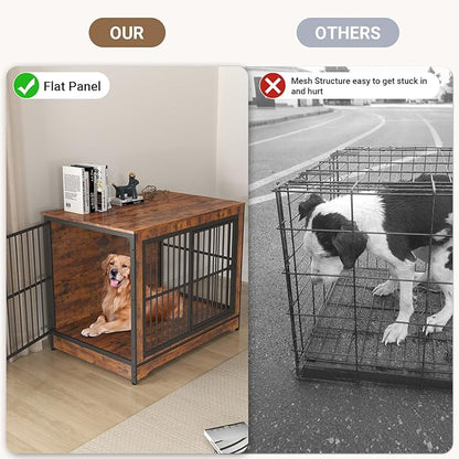 Rovibek 86 Inch Double Dog Crate Furniture, Wooden Dog Crate Furniture with Removable Divider & Trays, Decorative Dog Kennels for 2 Dogs Indoor with Three Doors, Rustic Brown