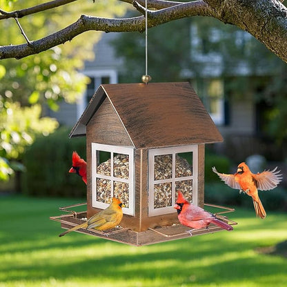 Bird Feeders, Heavy Duty Metal Bird Feeder for Outdoors Hanging, Weatherproof Large Capacity Wild Birdfeeder for Outside Garden Yard, Country House Shape