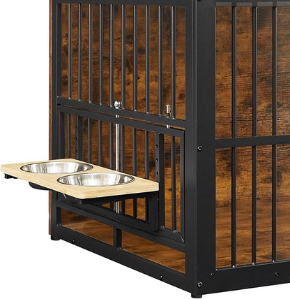 Dog Crate Furniture, 48 Inch Dog Kennel Furniture, Wooden Dog Crate Furniture Large Breed with Rotating Bowls, Heavy Duty Dogs Cage Furniture Indoor, Decorative Crates End Table, Brown