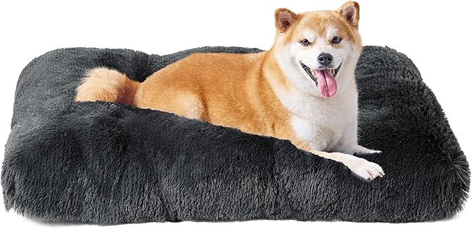 EHEYCIGA Fluffy Dog Crate Bed for Large Dogs, Plush Faux Fur Dog Crate Pad, Calming Anti Anxiety Large Dog Bed for Crate, Washable Soft Warm Dog Crate Mat with Non-Slip Bottom, Dark Grey