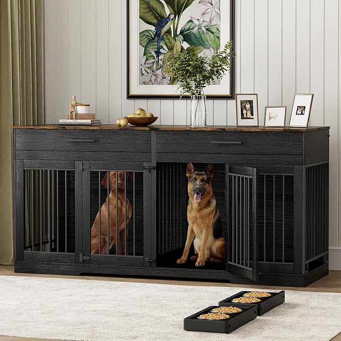 Rophefx 72" Dog Crate Furniture for 2 Dogs, Large Dog Kennel Furniture with 2 Storage Drawers and 4 Bowls, Wooden Dog Cage with Removable Divider, Indoor Dog House TV Stand for Medium Dog, Black