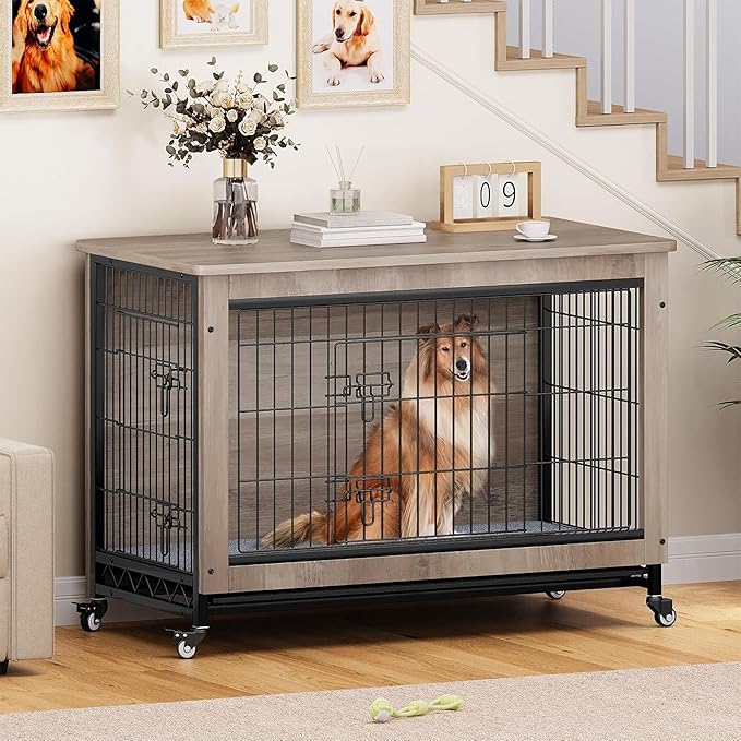 DWVO Dog Kennel Furniture with Cushion, 38" Wooden Dog Crate Furniture with Wheels, Dog Crate End Table with Tray, Dog Cage with Double Doors for Small/Medium Dog (Grey)