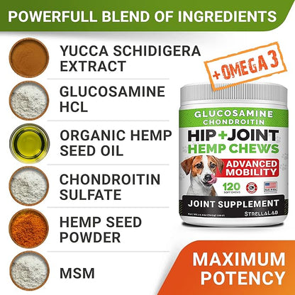 Large Breed Hemp + Glucosamine Dog Joint Supplement - Hemp Chews for Dogs Hip Joint Pain Relief - Omega 3, Chondroitin, MSM - Advanced Mobility Hemp Oil Treats for Large Dogs - Made in USA - 240 Ct