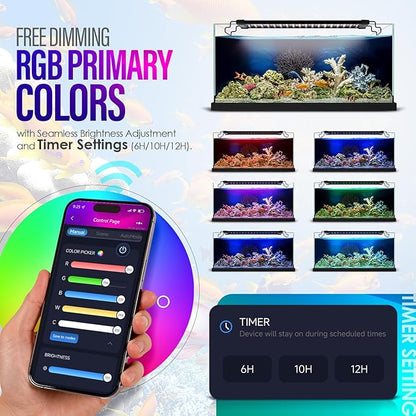 26W Smart Bluetooth App-Controlled Aquarium Light - Customizable Light Colors,Timeable,24/7 User-Defined Sunrise/Sunset Simulation,Tropical Lighting Mode,Suitable for 30-36" Fish Tanks
