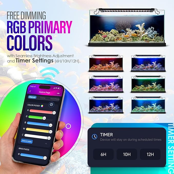 14W Smart Bluetooth App-Controlled Aquarium Light - Customizable Light Colors,Timeable,24/7 User-Defined Sunrise/Sunset Simulation,Tropical Lighting Mode,Suitable for 12-18" Fish Tanks