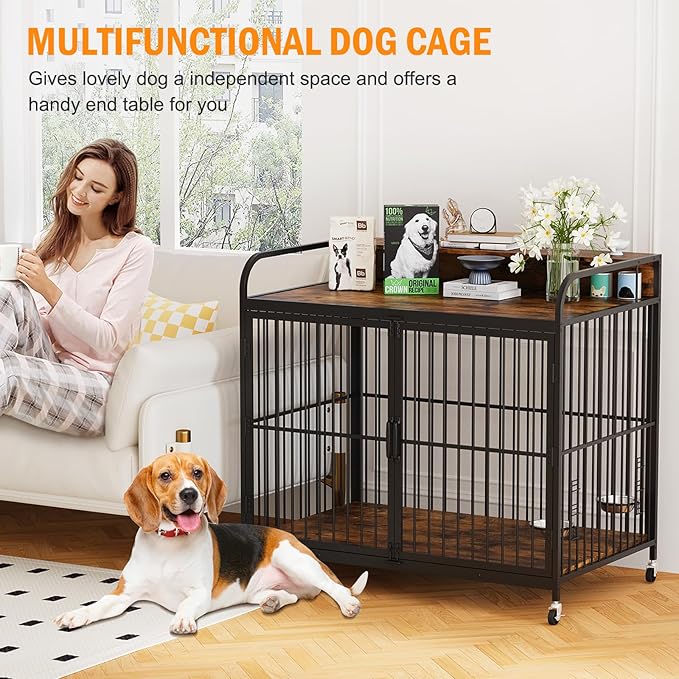 Dog Crate Furniture, Wooden Dog Crate End Table with Adjustable Height & 360° Rotating Feeder, Dog Kennel Indoor with 360° Wheels for Small Dogs, Heavy Duty Dog Crate (31.96''L x 20.47''W x 31.49''H)