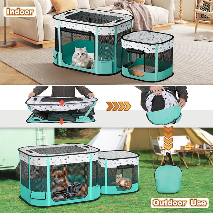 Portable Cat Playpen, 8-Rod Reinforced Kitten Dog Playpens, Foldable Play Pen for Indoor Cats Enclosed Pet Puppy Doggy Outdoor, Collapsible Tent Kennel Cage House(32"x24"x22")