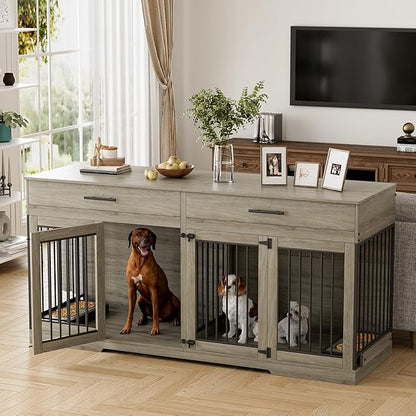 Rophefx 72" Dog Crate Furniture for 2 Dogs, Large Double Dog Kennel Indoor Furniture with 2 Storage Drawers and Removable Divider, Wooden Dog Cage with 4 Bowls, Dog House TV Stand for Medium Dog, Grey