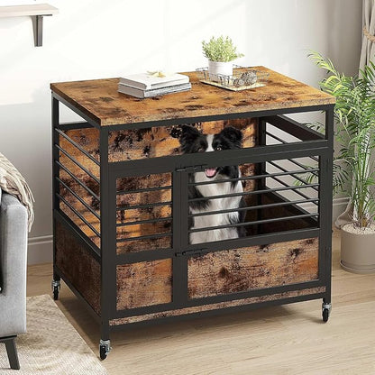 DWVO Dog Crate Furniture, 32 Inch Dog Kennel Indoor Furniture End Table Dog Crate for Dogs, Modern Decorative Dog Crate Wooden Dog Crate Furniture with Wheels, Chew-Resistant, Rustic Brown