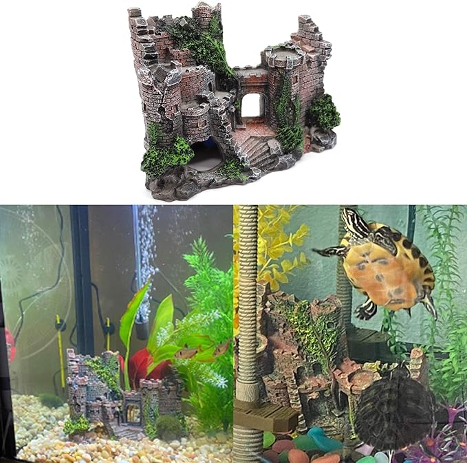 Aquarium Resin Castle Decoration, Castle Hideouts Stone Cave Hide House Fish Tank Aquarium Accessories for Betta Shrimp Turtle