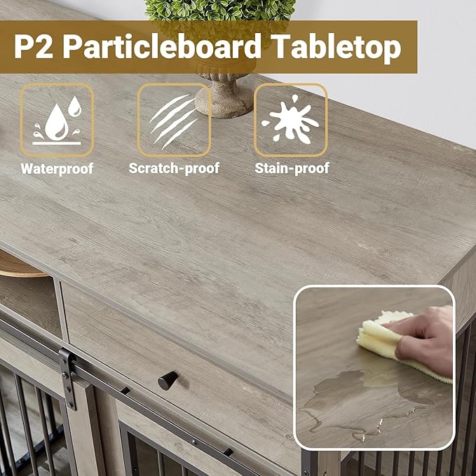 Rovibek 66 Double Dog Crate Furniture for 2 Dogs, Large Double Dog Kennel Furniture TV Stand, Furniture Style Dog Crates End Table, Wood Crates for Dogs Kennel Indoor Grey