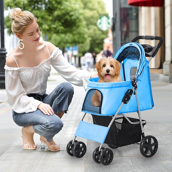 Dog Stroller for Small Dogs, Portable Pet Stroller for Cats Folding Puppy Stroller Lightweight Dog Cat Cage Jogger Stroller with Storage Basket and Cup Holder, 4 Wheels, Blue