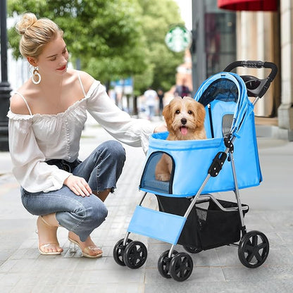 Dog Stroller for Small Dogs, Portable Pet Stroller for Cats Folding Puppy Stroller Lightweight Dog Cat Cage Jogger Stroller with Storage Basket and Cup Holder, 4 Wheels, Blue