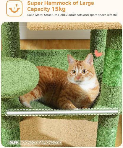 Cactus Cat Tree for Indoor Cats, 45.7" Multi-Level Cat Tower with Large Metal Frame Hammock, Cat Condo with 4 Scratching Posts and Top Perch, Green