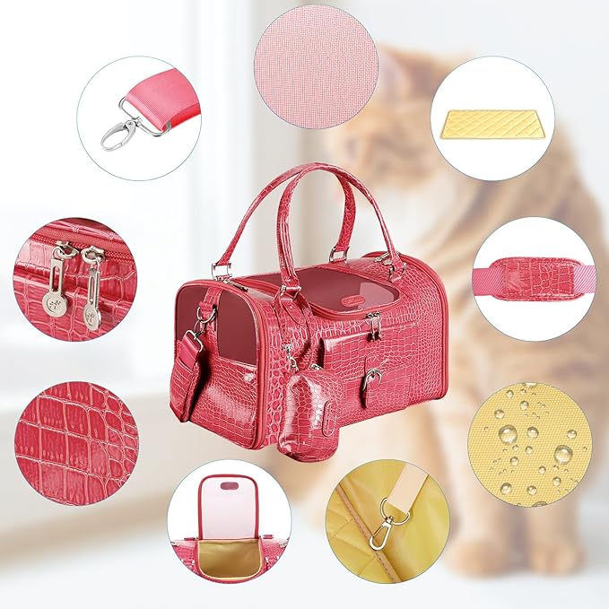 Fashion Pet Carrier, Small Dog Carrier, Cat Carrier, Quality PU Leather Dog Purse, Collapsible Portable Pet Carrying Handbag for Travel Walking Hiking (Pink)