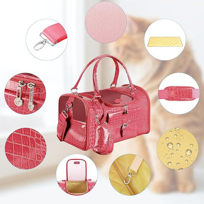 Fashion Pet Carrier, Small Dog Carrier, Cat Carrier, Quality PU Leather Dog Purse, Collapsible Portable Pet Carrying Handbag for Travel Walking Hiking (Pink)