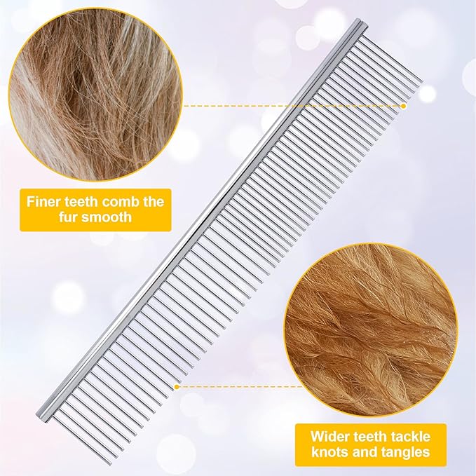 2pcs Dog Grooming Combs for Removing Tangles, Round Teeth Metal Cat Pet Hair Comb, Silver Large Professional Grooming Tool for Long Short Haired Dogs Cats Rabbits