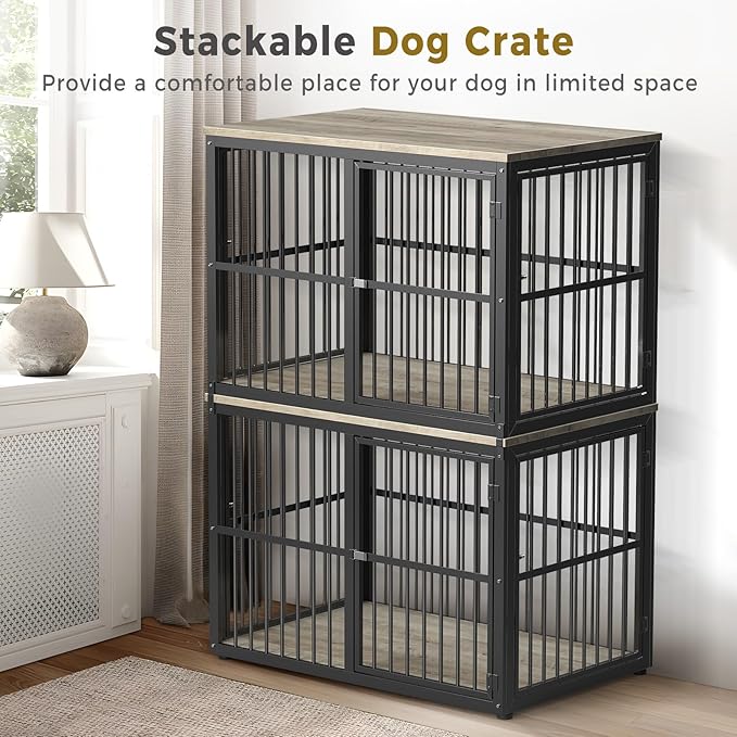 43'' Stackable Dog Crate Furniture Large Breed with Double Rooms,Wooden Dog Crate Heavy Duty Dog Kennel Indoor with Removable Divider for Small to Medium Dogs, Can Use Separately