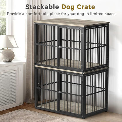 43'' Stackable Dog Crate Furniture Large Breed with Double Rooms,Wooden Dog Crate Heavy Duty Dog Kennel Indoor with Removable Divider for Small to Medium Dogs, Can Use Separately