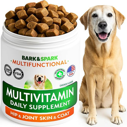 BARK&SPARK Dog Vitamins & Supplements - Multivitamin Chewable Treats for Dogs - Glucosamine Chondroitin for Joint Support + Omega for Skin & Coat + Probiotics - Multi Vitamin for Pets Health - 60Ct