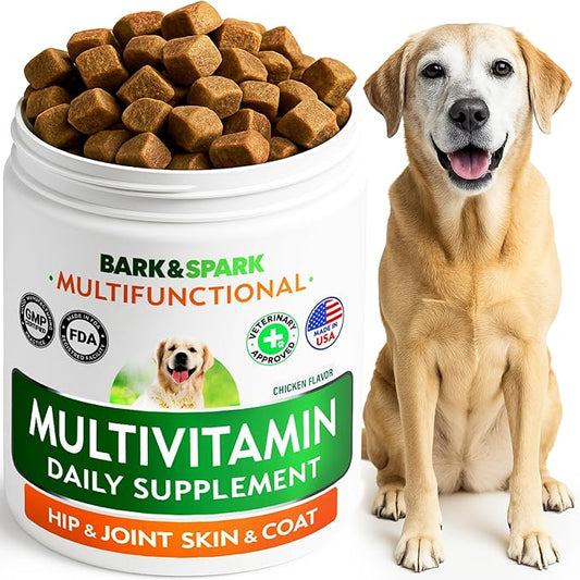BARK&SPARK Dog Vitamins & Supplements - Multivitamin Chewable Treats for Dogs - Glucosamine Chondroitin for Joint Support + Omega for Skin & Coat + Probiotics - Multi Vitamin for Pets Health - 60Ct