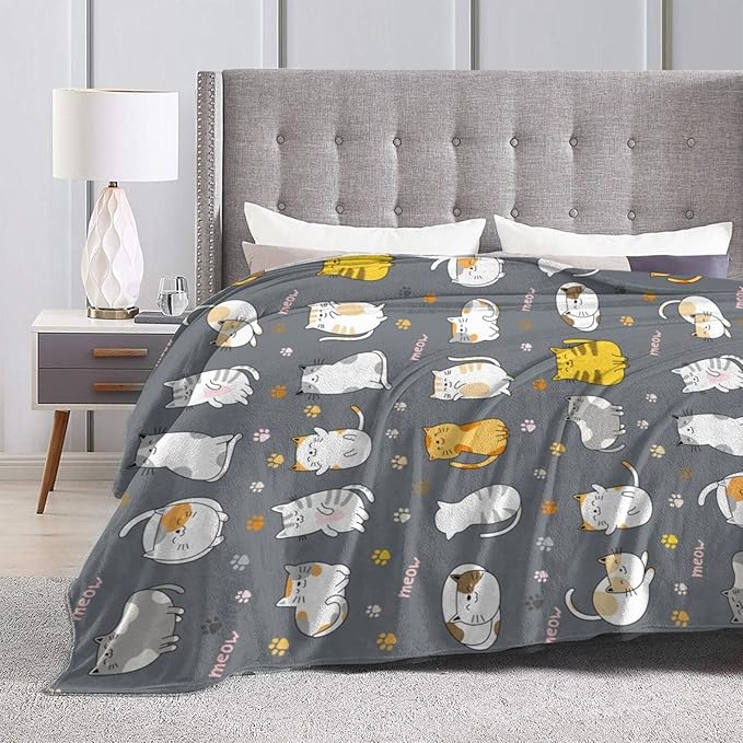 Cat Pattern Throw Blanket Gifts for Men Women Boy Girl Kid Soft Warm Flannel Fleece Blankest for Bed, Sofa, Couch, Travel, Camping 80x60 Inches