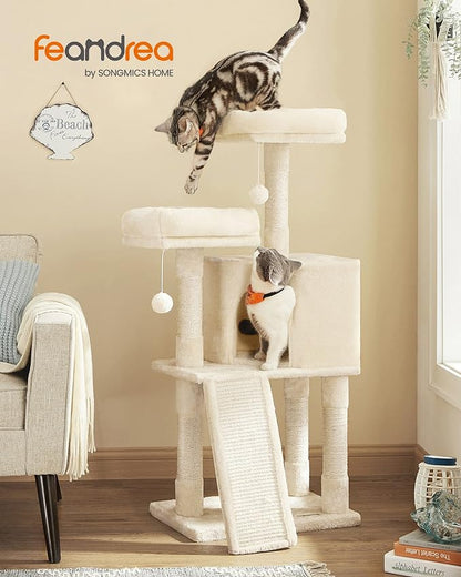 Feandrea Cat Tower, 45.3-Inch Cat Condo with Scratching Post, Ramp, Perch, Spacious Cat Cave, for Kittens, Elderly Cats, Adult Cats, Small Space, Beige UPCT141M01