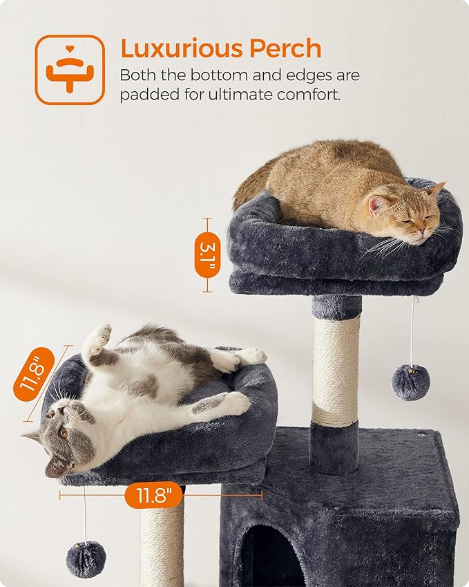 Feandrea Cat Tower, Cat Tree for Indoor Cats, 45.3-Inch Cat Condo with Scratching Post, Ramp, Perch, Spacious Cat Cave, for Kittens, Elderly Cats, Adult Cats, Small Space, Smoky Gray UPCT141G01