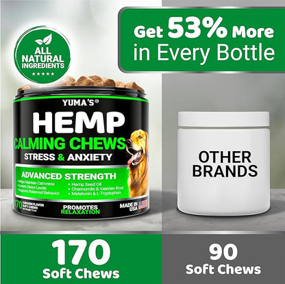 YUMA'S Hemp Calming Chews for Dogs - Advanced Dog Calming Chews - 170 Chews - Anxiety Relief Treats - Separation Aid, Barking, Stress Relief, Thunderstorms - Melatonin - Hemp Oil - Made in USA