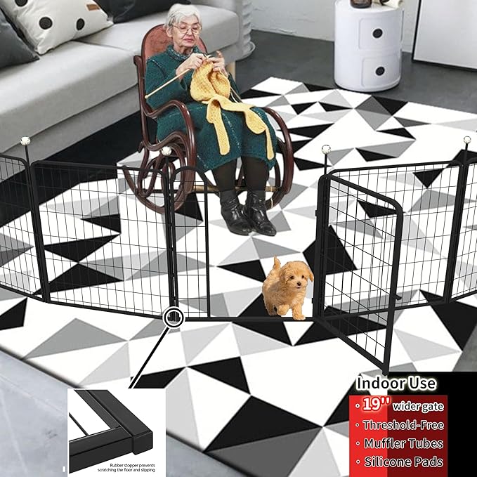 Dog Play Pen Indoors/Outdoor,32'' Portable Dog Crates with Easy-Carry Straps,12 Panels Dogs Pen Play Pen for Medium/Large Dogs,Rustproof Metal Pet Playpen for Camping RV Yard (with Two Doors)