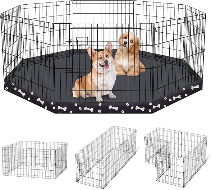 Dog Pen Pet Playpen Dog Fence Indoor Foldable Metal Wire Exercise Puppy Play Yard Pet Enclosure Indoor Outdoor 8 Panels 24 Inch with Bottom Pad (Bottom Cover Fence with Printing)