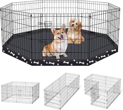 Dog Pen Pet Playpen Dog Fence Indoor Foldable Metal Wire Exercise Puppy Play Yard Pet Enclosure Indoor Outdoor 8 Panels 24 Inch with Bottom Pad (Bottom Cover Fence with Printing)