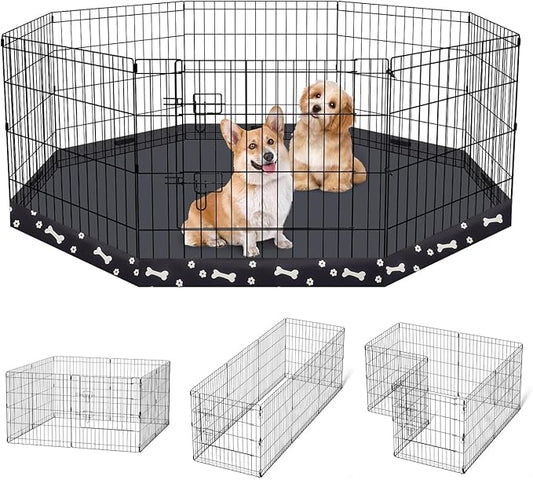 Dog Pen Pet Playpen Dog Fence Indoor Foldable Metal Wire Exercise Puppy Play Yard Pet Enclosure Indoor Outdoor 8 Panels 24 Inch with Bottom Pad (Bottom Cover Fence with Printing)