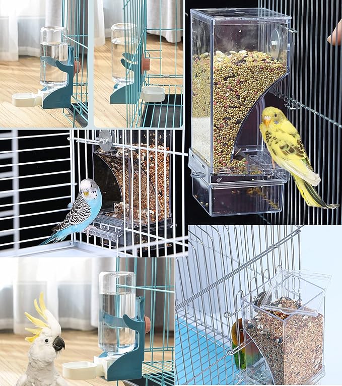 Kenond No Mess Bird Feeder Water Dispenser Set, Automatic Parrot Feeder Cage Accessories, Clear Parakeet Seed Container Food Drinker for Cage, Cockatiel Finch Lovebirds Budgies Canary (Blue)