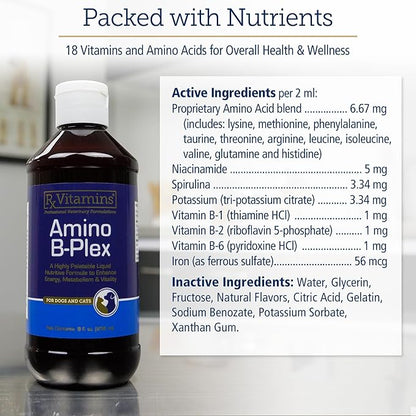 Rx Vitamins Amino B-Plex Cat & Dog Supplement - Vitamin B Complex Liquid Plus Amino Acids for Dogs & Cats - Appetite Booster and Cat & Dog Weight Gainer - Supplements & Vitamins - 8 oz