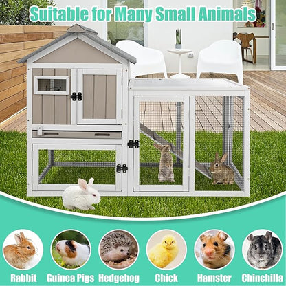 46.5" L Rabbit Hutch Indoor Outdoor Rabbit Cage with Run, Pull Out Tray, Asphalt Roof Large 2 Story Bunny Hutch Wooden Chicken Coop Guinea Pigs Pet House Cage for Small Animals,Grey