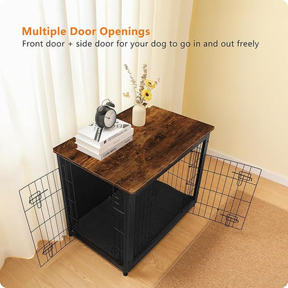 DWANTON Dog Crate Furniture with Cushion, Wooden Kennel Table with Double Doors, Indoor Dog House, Medium Size, 32.5" L, Black+Rustic Brown