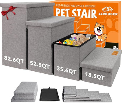 Dog Stairs with Storage 23" H, 4-Step Wider Dog Steps for High Beds Window, Folding Sturdy Pet Stairs Gift for Small/Medium/Large Dogs Cats, Dog Ramp for Climbing Car Hold Up to 200 lbs, Smok Gray