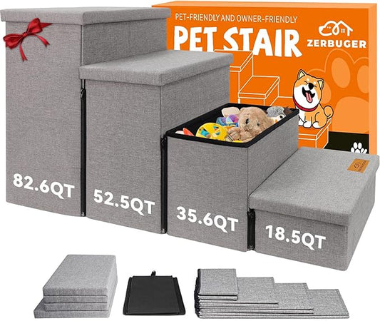 Dog Stairs with Storage 23" H, 4-Step Wider Dog Steps for High Beds Window, Folding Sturdy Pet Stairs Gift for Small/Medium/Large Dogs Cats, Dog Ramp for Climbing Car Hold Up to 200 lbs, Smok Gray