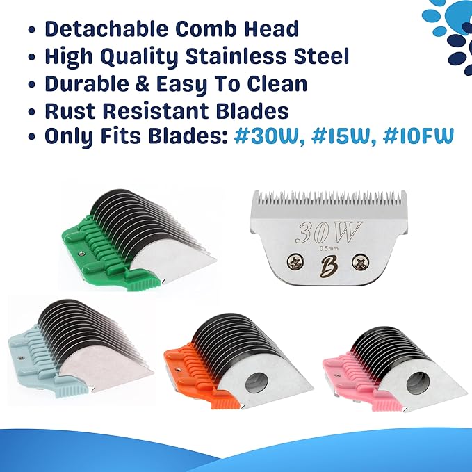 22mm 25mm 32mm 38mm Wide Clipper Guard Attachment Set for A5 Series Clippers| Stainless Steel Blade for Professional Dog Groomers| Snap-On/Off Design Wide Guard Combs for Dog Grooming