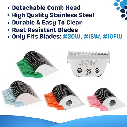 22mm 25mm 32mm 38mm Wide Clipper Guard Attachment Set for A5 Series Clippers| Stainless Steel Blade for Professional Dog Groomers| Snap-On/Off Design Wide Guard Combs for Dog Grooming