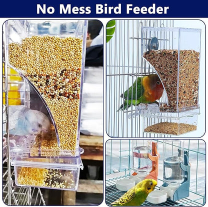 VERTUPET No Mess Bird Feeders with Water Dispenser Automatic Transparent Acrylic Food Container Drinker for Cage Automatic Parrot Feeder Seed Container Cage Accessories (Orange)