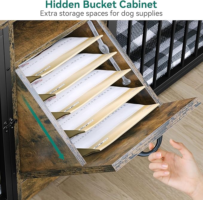 DWVO 95in Double Crate Furniture With Feeder Bowls, Wooden Large Kennel With Storage Drawer, Indoor TV Cabinet for 2 Large/Medium Dogs, Brown